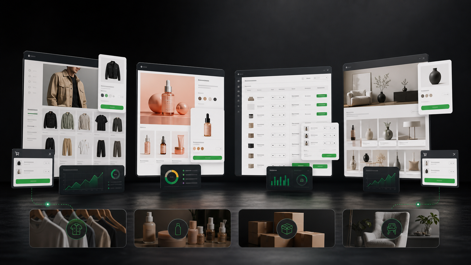 Visual premium de casos ecommerce para moda, beauty, B2B y hogar en Shopify