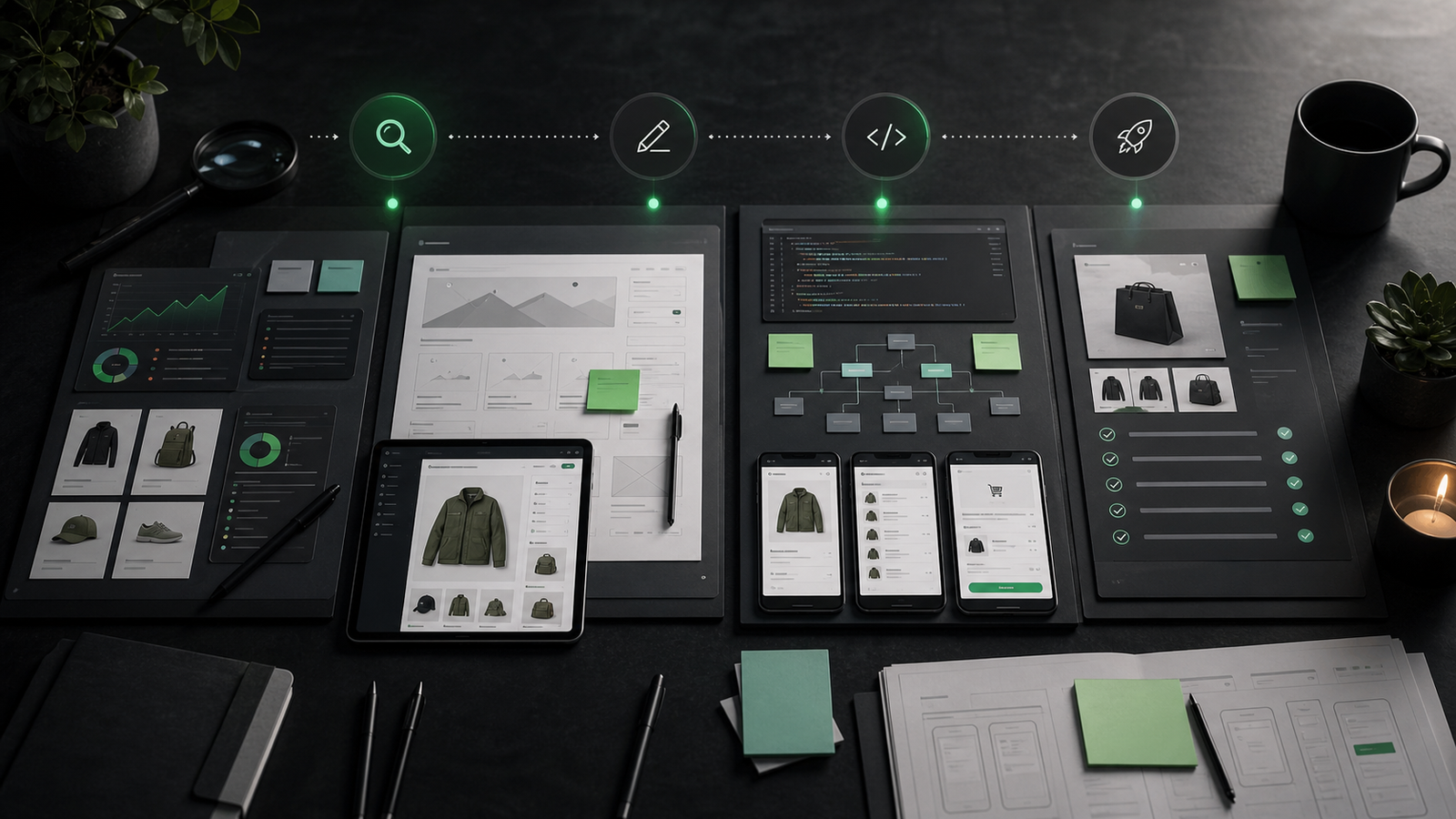 Mesa de estrategia ecommerce con wireframes, arquitectura Shopify y checklist de lanzamiento