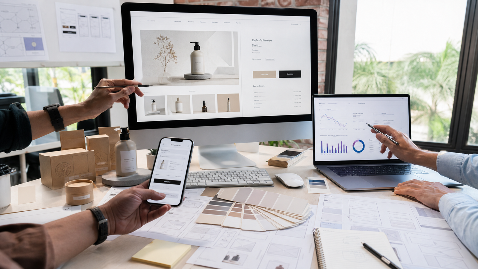 Equipo trabajando en diseño, producto y analitica para una tienda Shopify