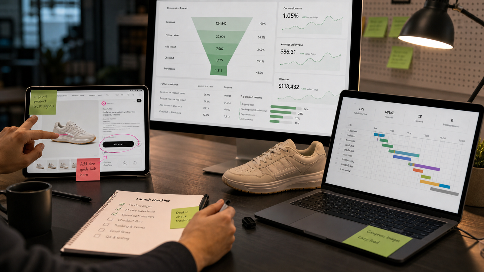 Dashboard realista de diagnostico ecommerce con embudo, performance y checkout mobile